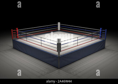 3D rendering di un vuoto di pugilato ring al buio con il suo centro protagonista. Visualizza la notte. Incontro di pugilato. A tarda notte la concorrenza di combattimento. Foto Stock