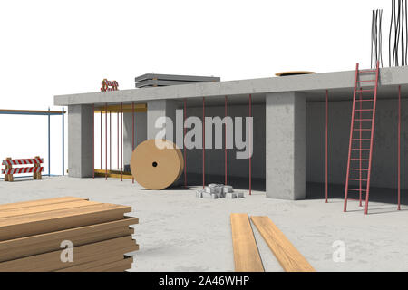 3D rendering di edificio in costruzione sullo sfondo bianco. Edilizia moderna. La tecnologia di costruzione. Lavori del genio civile Foto Stock