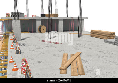 3D rendering di edificio in costruzione sullo sfondo bianco. Edilizia moderna. La tecnologia di costruzione. Lavori del genio civile Foto Stock