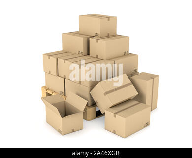 3D Rendering di più scatole di cartone impilate in modo uniforme su un doppio adorna pallet su sfondo bianco. Imballaggio e consegna. Servizi di trasporto merci. Caricamento di goo Foto Stock