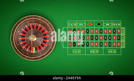 3D rendering di una roulette collocato su un interminabile superficie verde con una classica griglia di scommesse. Piazze di scommesse. Vincere soldi. Perdere al gioco d'azzardo. Foto Stock