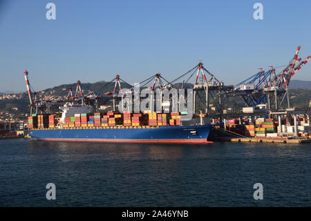 I conti di Everest nave container essendo caricati al porto di La Spezia, Italia, UE. Foto Stock