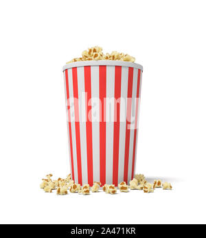 3D rendering di un unico piccolo cucchiaio popcorn a strisce rosse e bianche con popcorn traboccante di esso. Cinema di notte. Visione di film. Gustosi snack. Foto Stock