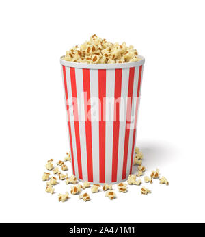 3D rendering di un unico piccolo cucchiaio popcorn a strisce rosse e bianche con popcorn traboccante di esso. Cinema di notte. Visione di film. Gustosi snack. Foto Stock