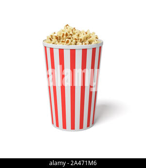 3D rendering di un unico piccolo cucchiaio popcorn a strisce rosse e bianche con popcorn che raggiunge la cima. Movie snack. Mangiare nella parte anteriore dello schermo. Fast foo Foto Stock