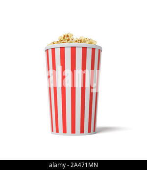 3D rendering di un unico piccolo cucchiaio popcorn a strisce rosse e bianche con popcorn che raggiunge la cima. Movie snack. Mangiare nella parte anteriore dello schermo. Fast foo Foto Stock