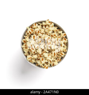 3D rendering di un unico piccolo cucchiaio popcorn in vista dall'alto. Movie snack. Mangiare nella parte anteriore dello schermo. Fast food. Foto Stock