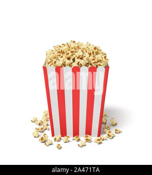 3D rendering di un quadrato con striping benna popcorn con popcorn traboccante di esso. Il Popcorn nella benna o vasca. Gustosi snack. Film la notte. Foto Stock