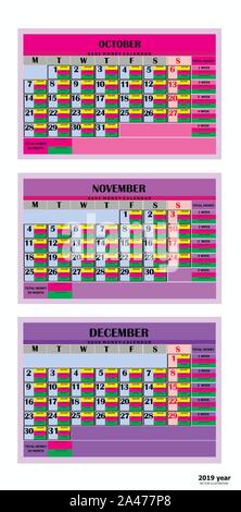 Design calendario dei mesi di ottobre, novembre e dicembre 2019. Risparmiare denaro il calendario 2019. Il calendario per l'organizzazione, business, famiglia. La settimana inizia il lunedì. Anno di calendario 2019. Illustrazione Vettoriale. Illustrazione Vettoriale