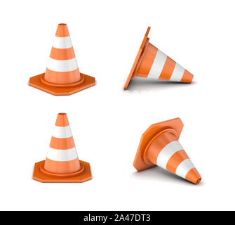 3D rendering striped arancio-e-bianco traffico cono isolato su uno sfondo bianco. I cartelli stradali. Equipaggiamenti e dispositivi. Sito in costruzione. Foto Stock