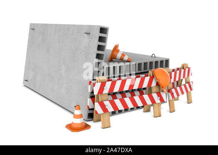 3D rendering di due recinti di traffico, due coni e un casco e una pila di un solaio tutte isolate su uno sfondo bianco. La segnaletica stradale. G di sicurezza Foto Stock