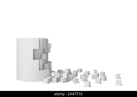 3D rendering di un cilindro solido blocco sagomato getting distrutto con perfettamente sagomati in pezzi quadrati giacenti nelle vicinanze. Forme e figure. La distruzione e la Foto Stock