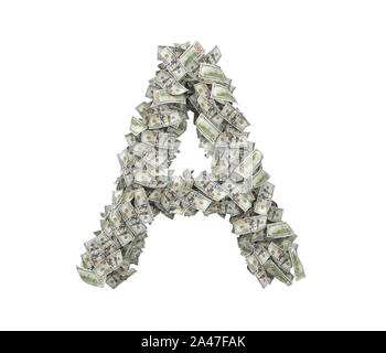 3D rendering di una grande lettera isolata di un fatto di banconote di dollari su uno sfondo bianco. Il denaro e la ricchezza. La prosperità. Segno in ordine alfabetico. Foto Stock