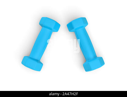 3D rendering di una coppia di luce blu peso manubri isolati su sfondo bianco. Fitness e salute. Sport ed esercizi. La perdita di peso. Foto Stock