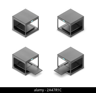 3D rendering di un piccolo nero 3d-stampante in stato aperto e chiuso in doppia facciata vista isometrica. Hi-tech. La produzione moderna. Attrezzature industriali. Foto Stock