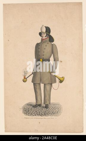 Vigile del fuoco di intera lunghezza verticale, rivolto verso sinistra, usura uniforme Foto Stock