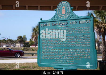 Marcatore storico, Venezia e Railroad Depot, Venezia, Florida, Stati Uniti d'America Foto Stock