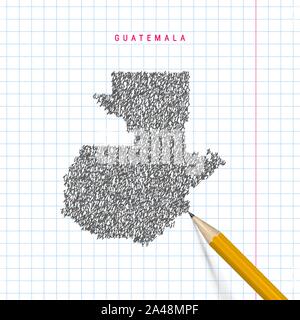 Guatemala schizzo scribble mappa tracciata sulla scuola a scacchi notebook lo sfondo della carta. Disegnata a mano mappa vettoriale del Guatemala. 3D realistiche matita. Illustrazione Vettoriale