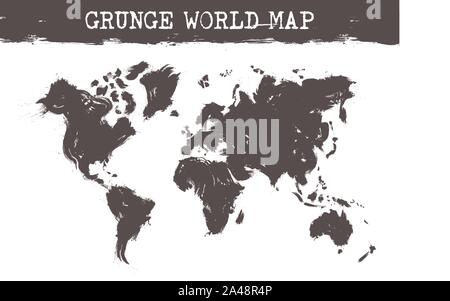 Grunge mappa del mondo . Realistico inchiostro nero dipinto a colori design . Bianco sfondo isolata . Vector . Illustrazione Vettoriale