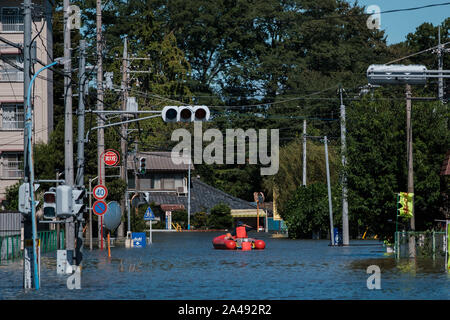 Kawagoe, Giappone. Xiii oct, 2019. Squadra di salvataggio in una barca in una zona allagata di Kawagoe city, in Giappone il 13 ottobre 2019. Potente tifone Hagibis e postumi flood strappato in tutto il paese, uccidendo 11 persone e dozzine di persone scomparse. Kawagoe. Credito: Aflo Co. Ltd./Alamy Live News Foto Stock