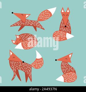 Insieme di semplice disegnato carino volpi isolato su sfondo verde. Simpatici animali di bosco in elegante stile scandinavo. Vector illustartion. Illustrazione Vettoriale
