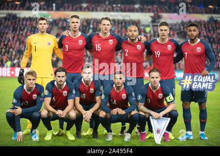 Oslo, Norvegia. Xii oct, 2019. La line-up della Norvegia per l'EURO 2020 qualifier match tra la Norvegia e la Spagna a Ullevaal Stadion di Oslo. (Photo credit: Gonzales foto/Alamy Live News Foto Stock