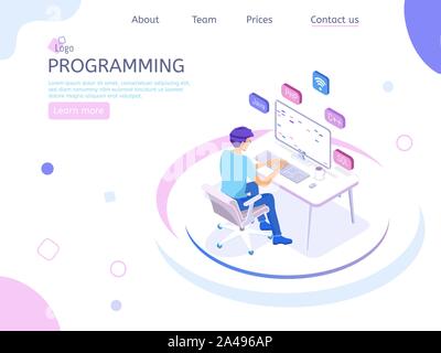 Il programmatore di carattere isometrico. Concetto di programmazione web, ingegnere al lavoro. Illustrazione Vettoriale
