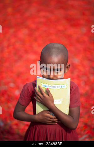 GAIBANDHA, BANGLADESH - 23 febbraio : Bambini scuola goingto usando il modo vicino a donne di elaborazione e di essiccazione peperoncino rosso uner sun vicino al fiume Jamuna 240 Foto Stock