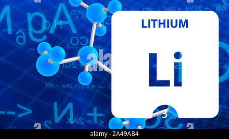 Al litio da 3 elemento. Metalli alcalino terrosi. Elemento chimico di Mendeleev Tavola Periodica. Litio in piazza cube concetto creativo. Prodotti chimici di laboratorio, Foto Stock