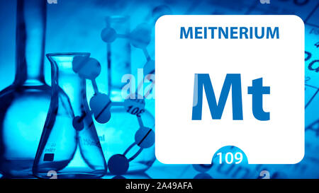Meitnerio Mt, elemento chimico segno. 3D rendering isolati su sfondo bianco. Meitnerio chemical 109 elemento per esperimenti scientifici in classe Foto Stock
