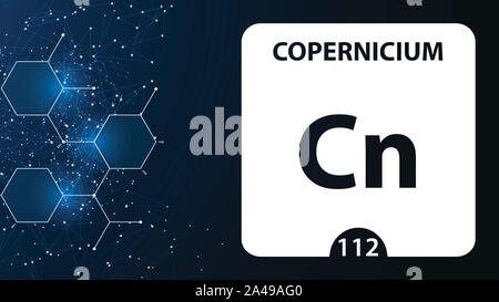 Copernicium 112 l'elemento. Metalli alcalino terrosi. Elemento chimico di Mendeleev Tavola Periodica. Copernicium in piazza cube concetto creativo. Chimica, l Foto Stock