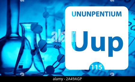 Ununpentium Uup, elemento chimico segno. 3D rendering isolati su sfondo bianco. Chimica Ununpentium 115 elemento per esperimenti scientifici in classro Foto Stock