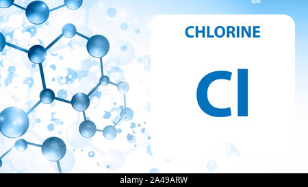 Cloro elemento 17. Metalli alcalino terrosi. Elemento chimico di Mendeleev Tavola Periodica. Cloro nel cubo quadrati concetto creativo. Chimica, laborato Foto Stock