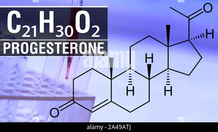 Steroidi progesterone, formula chimica segno. 3D rendering isolati su sfondo bianco. Progesterone ormone chimica formula per esperimenti scientifici Foto Stock