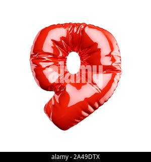 Alfabeto inglese palloncino rosso cifre numero di font di carattere 9 nove su sfondo bianco. Vacanze e concetto di istruzione. 3D rendering immagine Foto Stock