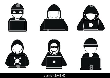 Hacker uomo set di icone. Semplice insieme di hacker uomo icone vettoriali per il web design su sfondo bianco Illustrazione Vettoriale