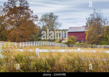 Granaio rosso Circondato da colorati caduta delle foglie foderato con white Picket Fence scena di autunno Foto Stock
