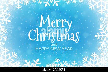 Buon Natale sfondo blu. Felice Anno Nuovo concetto con sfocate fiocchi di neve. Xmas greeting card. Inverno il ghiaccio brina sullo sfondo. Telaio di neve e partec Illustrazione Vettoriale