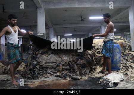 Saver concery workers Dhaka,Bangladesh 2019: I conciatori del Bangladesh lavorano cuoio grezzo all'interno di una fabbrica nella zona di conceria Saver di Dhaka, Bang Foto Stock