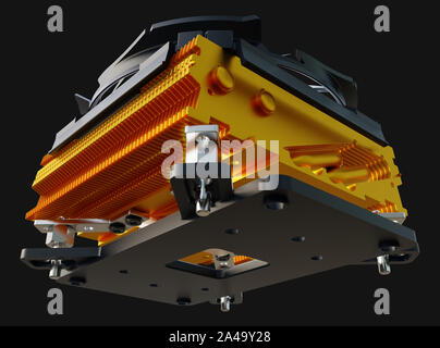 Attivo dello scambiatore di calore della CPU con il rame con alette del dissipatore di calore e ventola. Il rendering 3d. Foto Stock