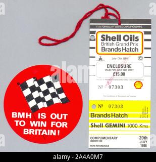 Il biglietto per l'ultimo Gran Premio gara di Brands Hatch, Kent, 13 Luglio 1986 Foto Stock
