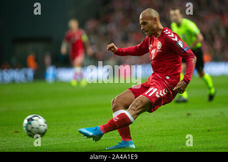 Copenhagen, Danimarca. Xii oct, 2019. Danimarca, Copenaghen. 12th, ottobre 2019. Martin Braithwaite (11) della Danimarca visto durante l'EURO 2020 qualifier match tra la Danimarca e la Svizzera a Telia Parken di Copenaghen. (Photo credit: Gonzales foto/Alamy Live News Foto Stock