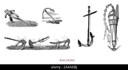 Diversi tipi di ancore: fisso e mobile stock di ferro o stockless collegando la nave di aggancio del fondale per impedire la deriva Foto Stock