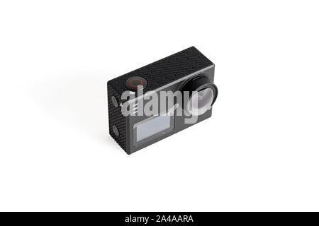 Azione fotocamera nero. Close-up. Isolato su sfondo bianco. Foto Stock