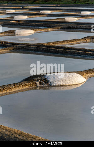 Le saline sull isola di Noirmoutier in Francia. Il sole sorge su stagni, bacini e pile di sale Foto Stock