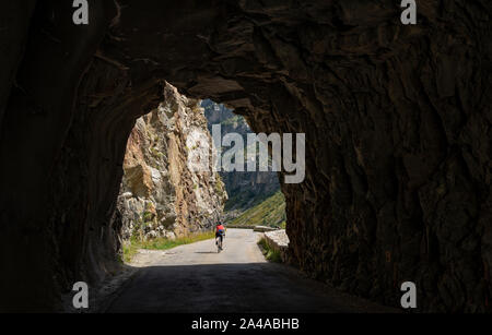 Femmina matura ciclista in sella alla strada tranquilla fino ti Saint Christophe Oisans, Alpi occidentali,Francia. Foto Stock