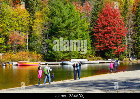 Tourist dal Giappone ammirando le foglie colorate in vista di Algonquin Provincial Park in Ontario vicino a Huntsville, Canada Foto Stock