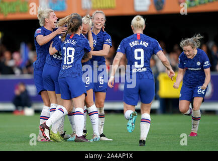 Del Chelsea Thorisdottir Maria celebra il suo punteggio del team secondo obiettivo durante la FA DONNA Super League a Kingsmeadow, Kingston Upon Thames. Foto Stock