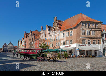 Carrozza a cavalli di Am Sande square, città vecchia, Lueneburg, Bassa Sassonia, Germania Foto Stock