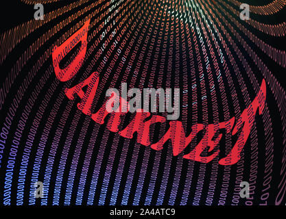 Codice binario sul segreto spazio curvo. Concetto Darknet 3D illustrazione Foto Stock